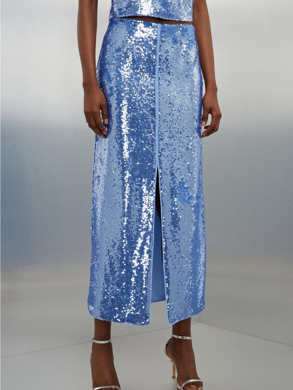 Sequin Midi Skirt with Front Slit - Light Blue - Karen Millen